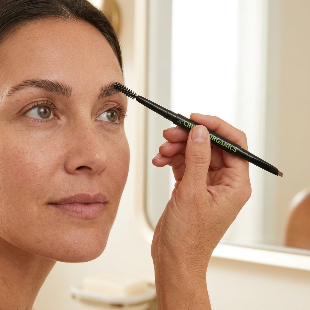Simply Taupe spoolie brushing eyebrow hairs
