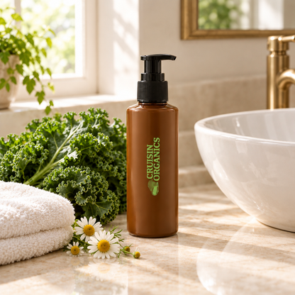 Sink-side scene with a brown pump bottle and folded towel