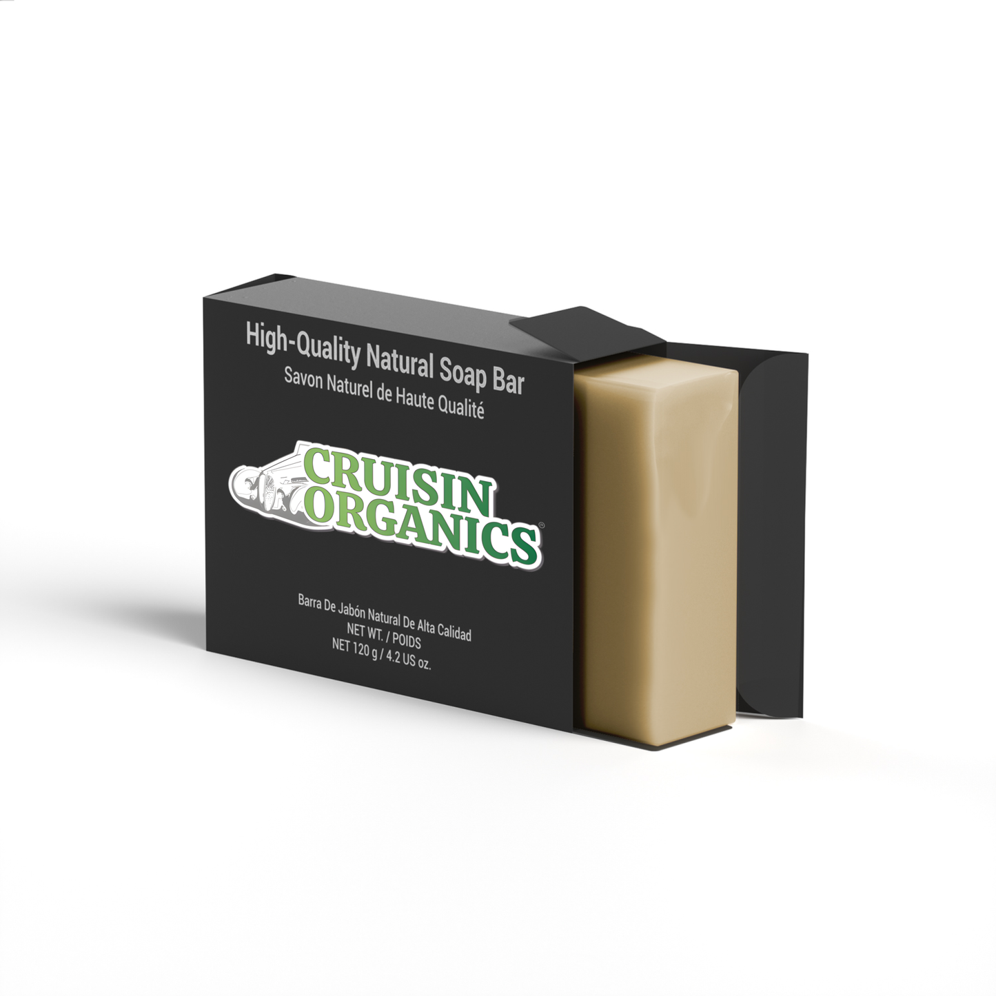 Cruisin Organics soap-apricot.  Multi-purpose: suitable for face, body, hands, and shaving needs. Made without specific chemicals. Intended for various skin types. Scented with Lemongrass. 