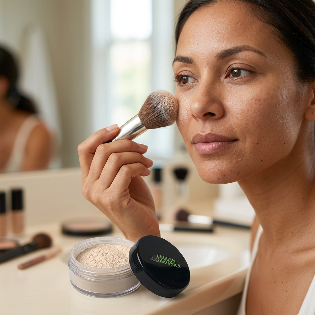 Translucent Finish powder being applied to the cheek