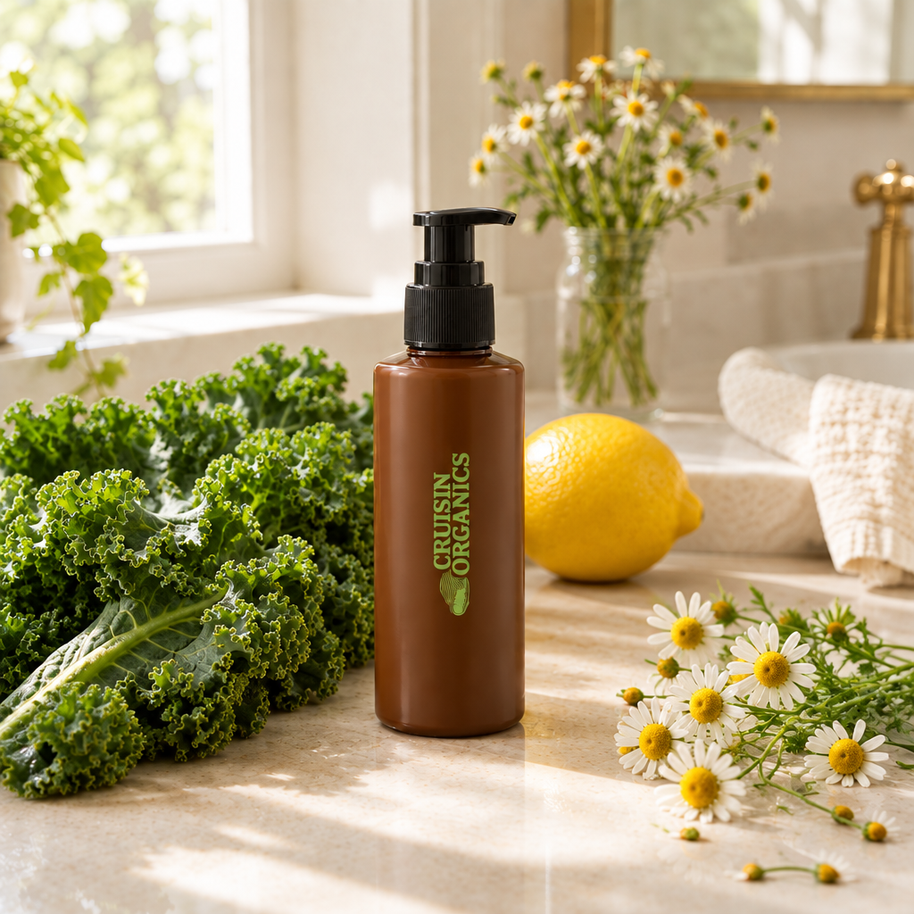 Brown pump bottle with vertical Cruisin Organics branding beside kale, lemon, and chamomile on a sunlit bathroom vanity.