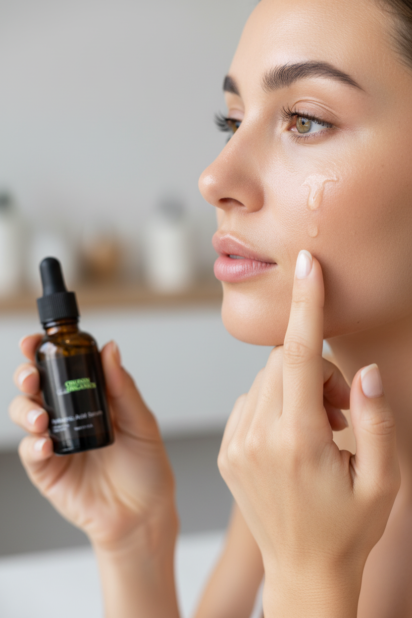Woman applying Cruisin Organics Hyaluronic Acid Serum to glowing skin