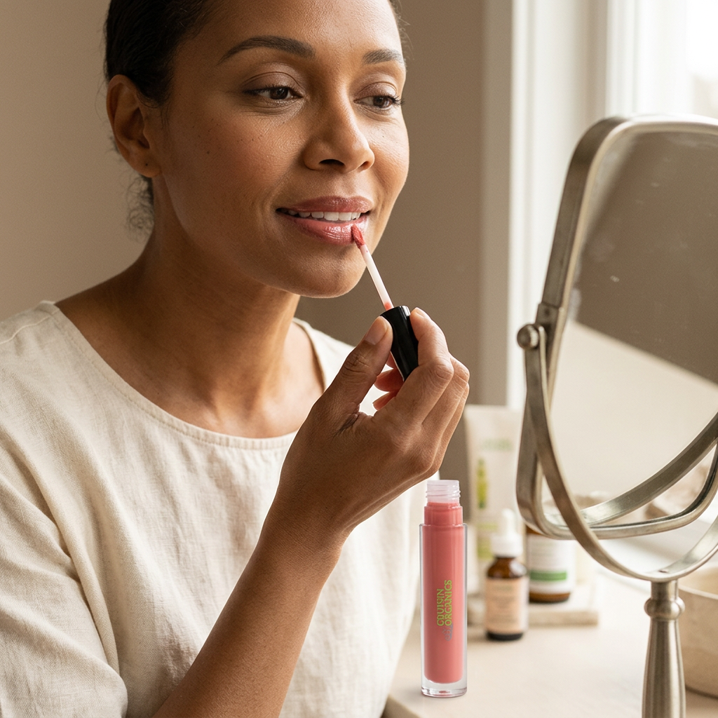 Woman applying lip gloss at a vanity