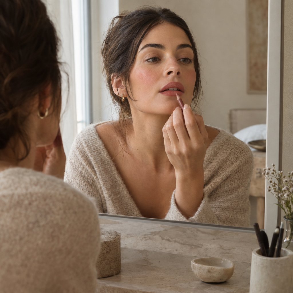 Woman at vanity with matte lipstick