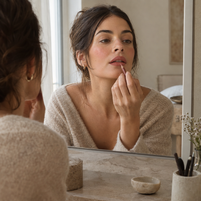 Woman at vanity with matte lipstick