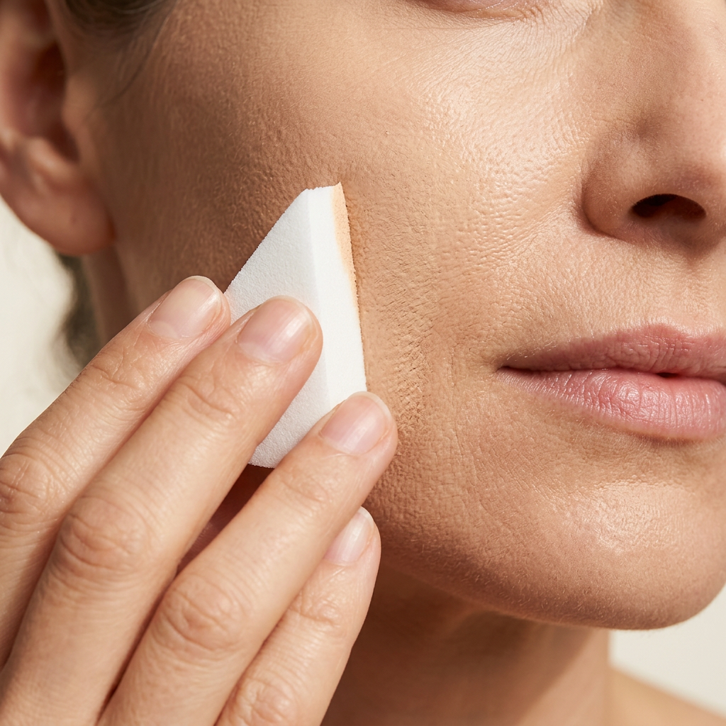 Woman blending foundation with a white cosmetic wedge