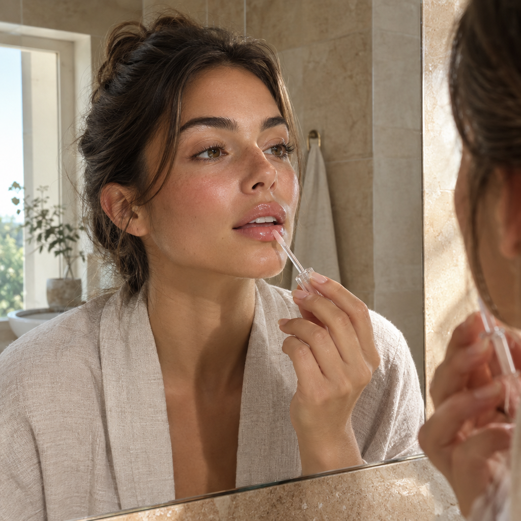 Woman with gloss wand in a bathroom