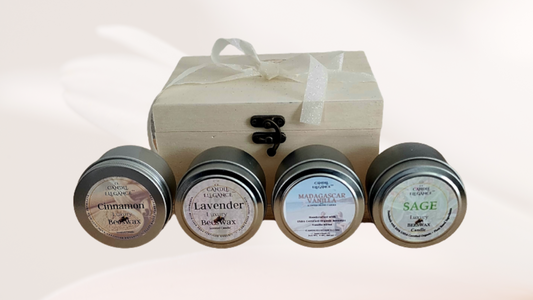 Candle Elegance is offering a 4-pack Travel Gift Set that includes beeswax candles in a white pine wood box. The set includes Cinnamon, Lavender, Madagascar Vanilla, and Sage scented candles with a beeswax cotton wick and a lead-free metal tin with lid. This set is perfect for sampling different Candle Elegance travel candles and can be purchased as a gift or for personal use.